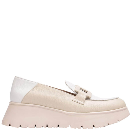 Wonders Cream & White Leather Slip On Wedge Shoes