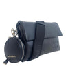 Black textured leather crossbody bag with a matching round coin pouch and a black shoulder strap, featuring the embossed 'wonders' logo.