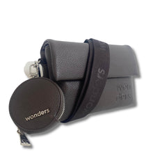 A dark gray pebbled leather crossbody bag with a matching zippered coin pouch and a wide branded shoulder strap, shown on a plain white background.
