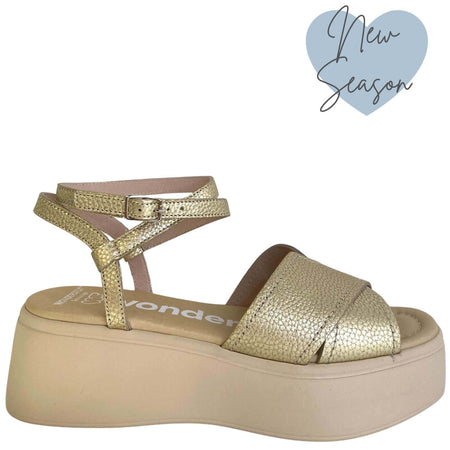 Wonders Gold Ankle Leather Strap Elevated Sole Sandals