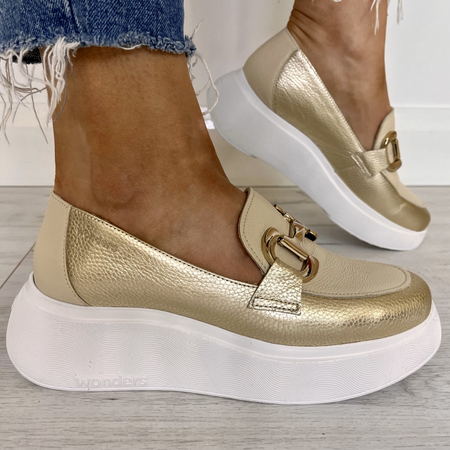 Wonders Gold & Cream Leather Slip On Classic Shoes