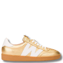 gold leather sneakers with white W on size