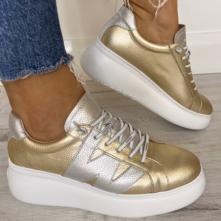 Wonders Gold & Silver Leather Brand Lace Sneakers