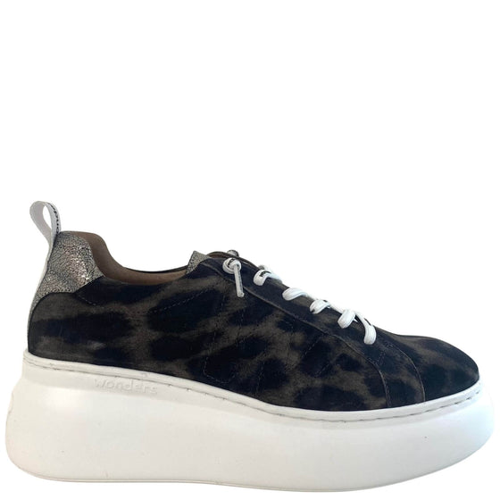 Wonders Grey Leopard Leather Brand Lace Sneakers