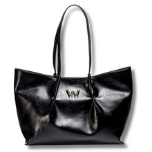 Black handbag with a W logo on a white background