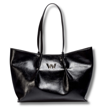Black handbag with a W logo on a white background