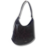 A dark brown hobo shoulder bag with a distressed leather texture and a small silver-tone logo on the bottom front, shown against a plain white background.