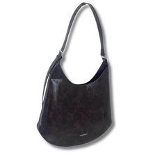 A dark brown hobo shoulder bag with a distressed leather texture and a small silver-tone logo on the bottom front, shown against a plain white background.