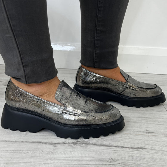 Wonders Metallic Silver Leather Chunky Loafers