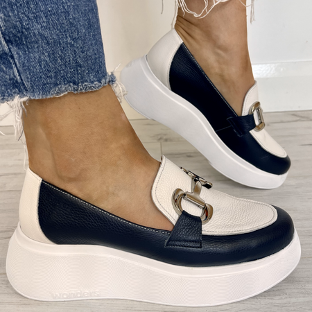 Wonders Navy Leather Slip On Classic Shoes