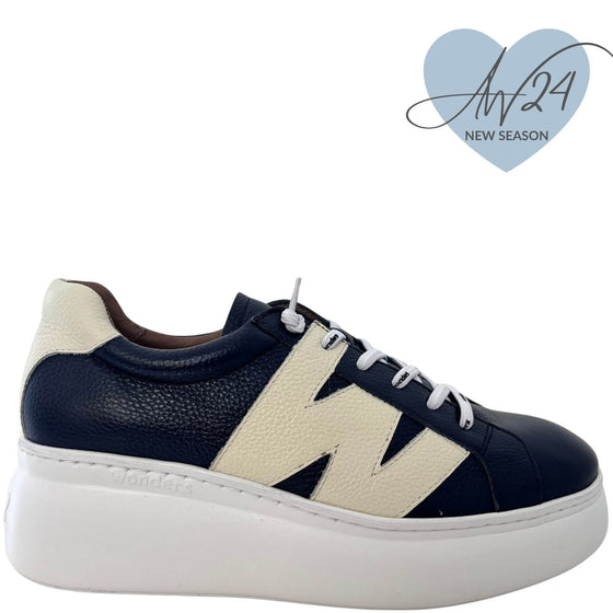 Wonders Navy Leather White Modern Sole Brand Lace Sneakers