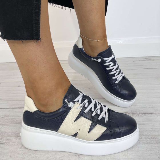 Wonders Navy Leather White Modern Sole Brand Lace Sneakers