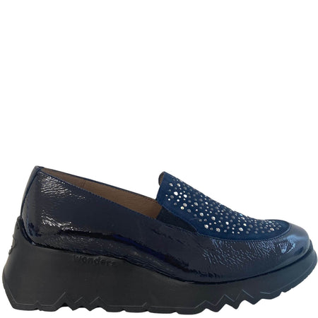 Wonders Navy Patent Leather Sparkly Slip On Shoes