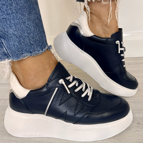 wonders-navy-silver-leather-elastic-laces-sporty-sneakers