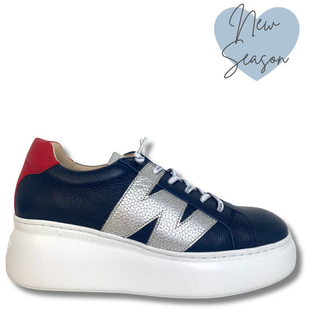 Wonders Navy, Silver & Red Leather Brand Lace Sneakers