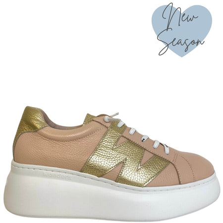 Wonders Nude & Gold Leather Brand Lace Sneakers