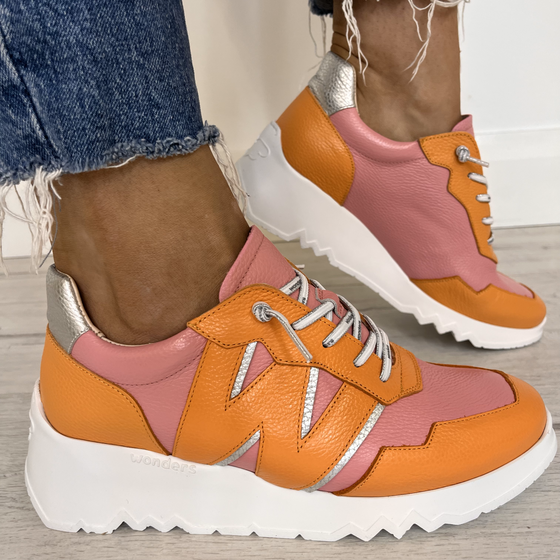 wonders-orange-pink-leather-raised-sole-neakers