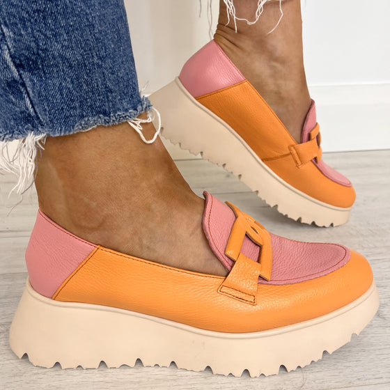 wonders-orange-pink-leather-slip-on-wedge-shoes