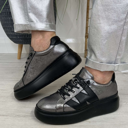 Wonders Pewter Leather Black Modern Sole Brand Lace Sneakers