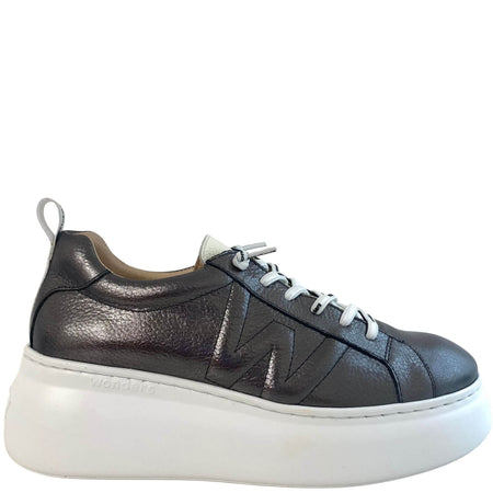 Wonders Pewter Leather Brand Lace Sneakers