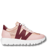 Pink and maroon sneaker with white sole on a white background