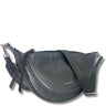 A darksilver crescent-shaped crossbody bag with a matching adjustable shoulder strap and silver-tone hardware, shown on a white background with a soft drop shadow.