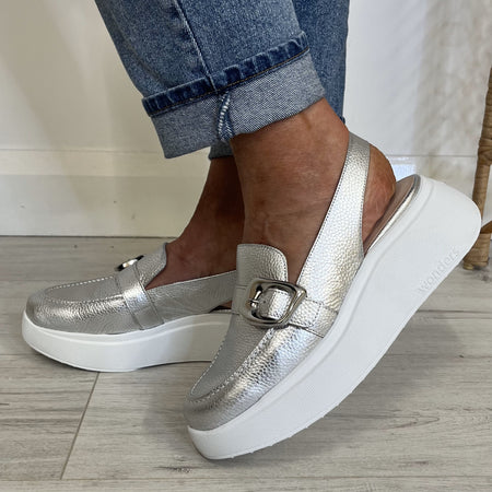 Wonders Silver Leather Sling Back Shoes