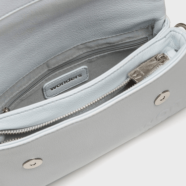 Light blue handbag with a visible brand logo on a white background