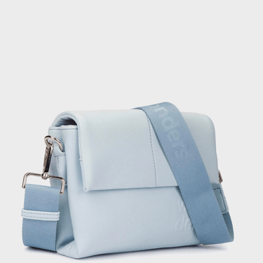 Light blue shoulder bag with a strap on a white background