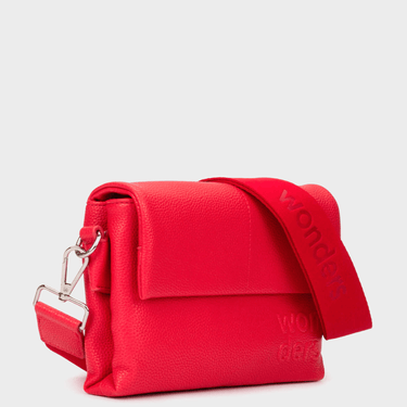 Red handbag with visible branding on a light gray background
