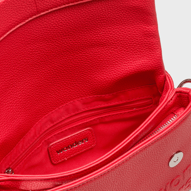 Red handbag with 'wonders' brand logo on a light gray background
