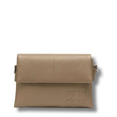 Beige leather clutch bag with 'wonders' branding on a white background