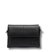 Black leather bag with 'wonders' branding on a white background