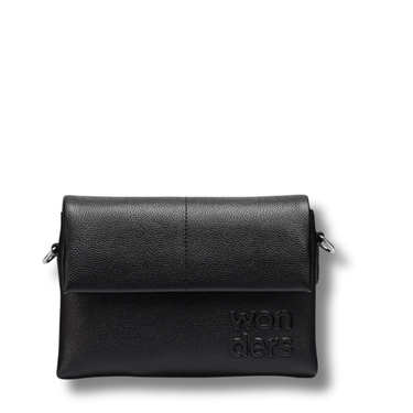 Black leather bag with 'wonders' branding on a white background