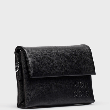 Black leather clutch bag with 'wonders' branding on a light gray background