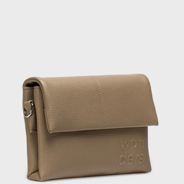 Beige leather clutch bag with 'wonders' branding on a light gray background