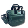 A shiny dark green puffer tote bag with black handles and a matching small side pouch, photographed on a white background.