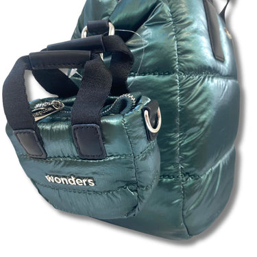 A metallic teal-green puffer bag with black handles and a front zippered pocket featuring the white 'wonders' logo, shown on a white background.