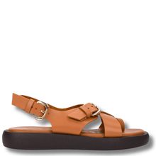 Brown sandal with a gold buckle on a white background