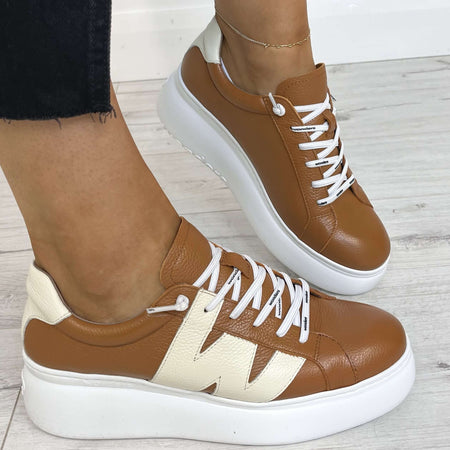 Wonders Tan Leather White Modern Sole Brand Lace Sneakers