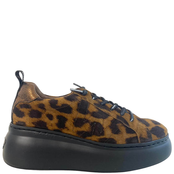 Wonders Tan Leopard Leather Brand Lace Sneakers
