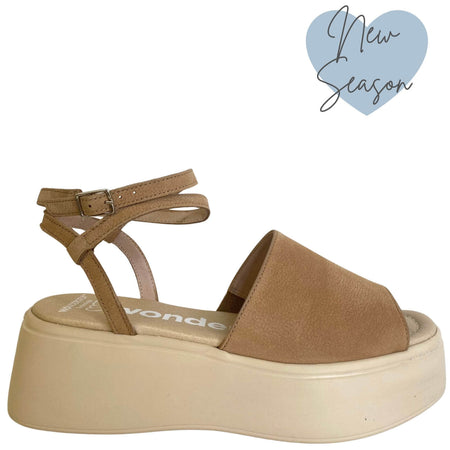 Wonders Tan Nubuck Leather Ankle Strap Flatform Sole Sandals