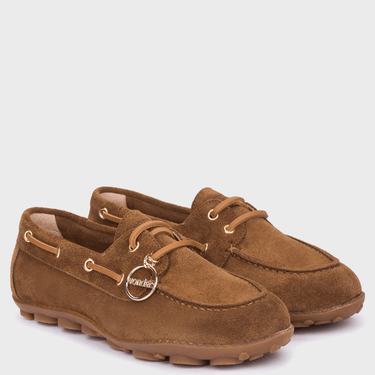 Pair of brown suede shoes with gold accents on a white background