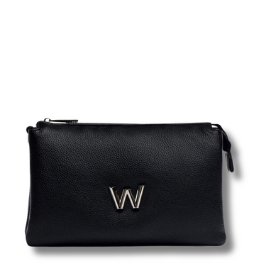 Black leather clutch bag with a logo on a white background