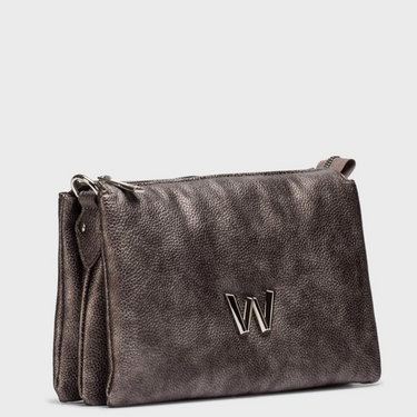 Brown leather clutch bag with a visible brand logo on a light gray background