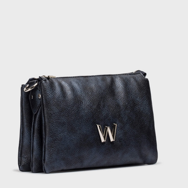 Black leather clutch bag with a gold 'W' logo on a light gray background