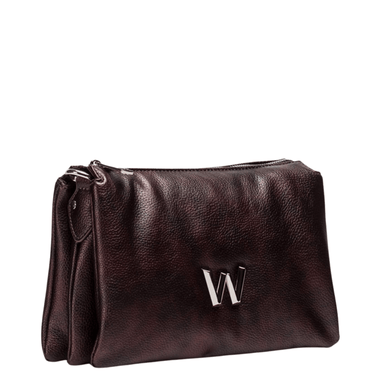Brown leather clutch bag with a silver 'W' logo on a white background