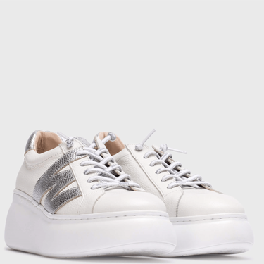 Wonders White & Silver Leather Brand Lace Sneakers