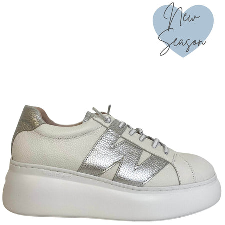 Wonders White & Silver Leather Brand Lace Sneakers