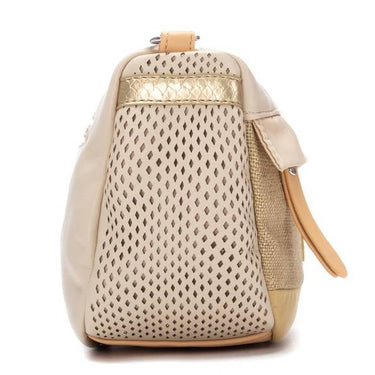 Beige handbag with perforated design on a white background